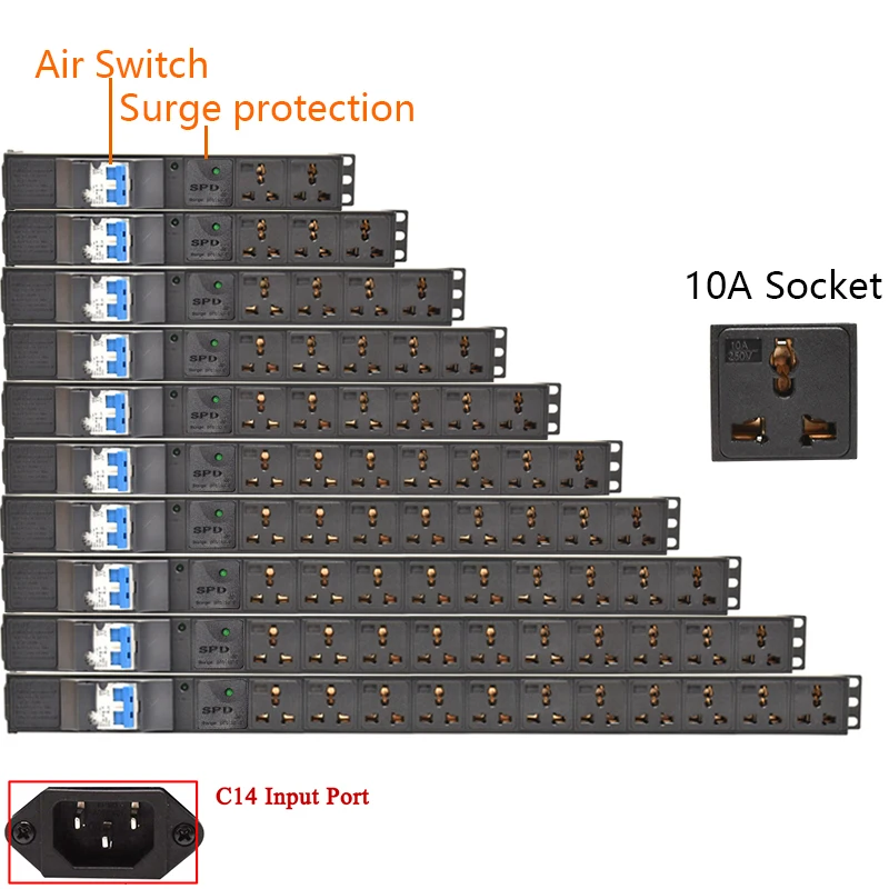 Network Rack PDU Power Strip 16A Air Switch Surge protection 2-10 Ways Universal Socket Without Wire C14 interface