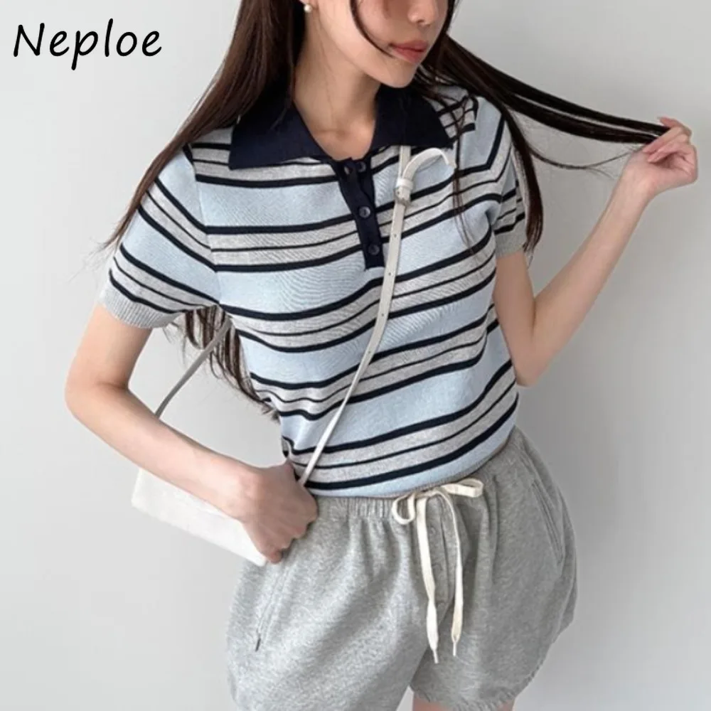 

Neploe полосатый отложной воротник, новая повседневная короткая футболка Mujer Camisetas, эластичная трикотажная короткая футболка, тонкие пригородные свежие рубашки в консервативном стиле