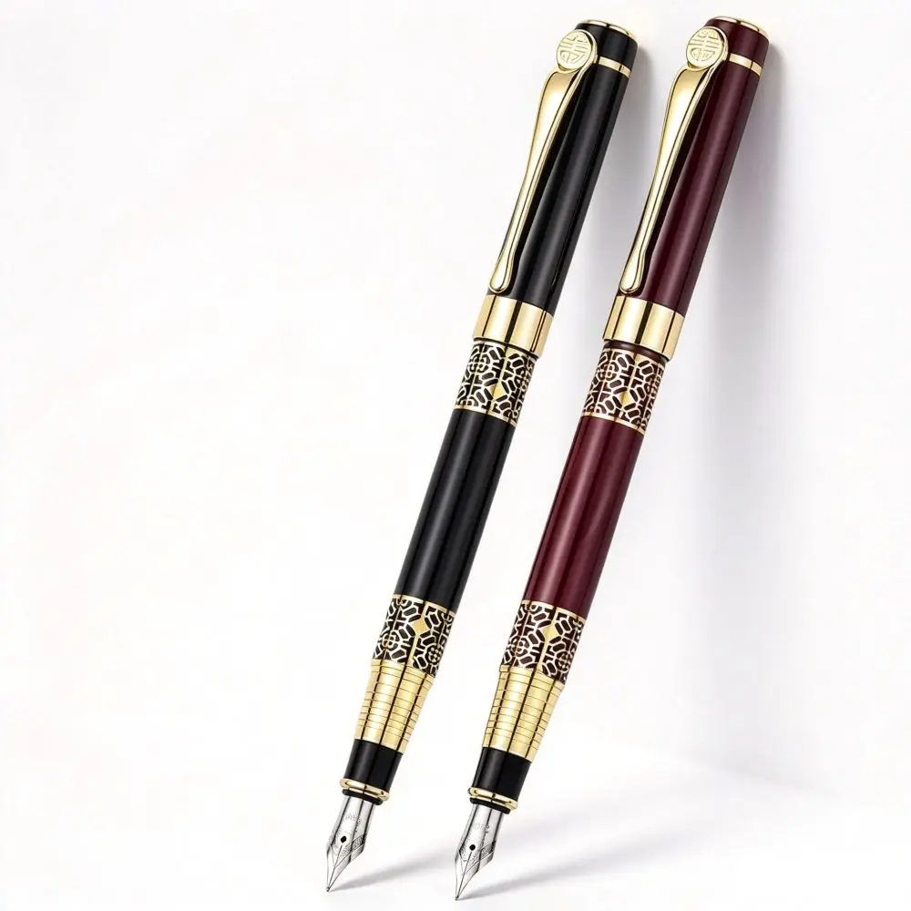 Vintage Metal Fountain Pen 0.5mm Nib, Luxury Engraved Ink Pen for Student School Office, Business Gift Pen Support Ink Cartridge