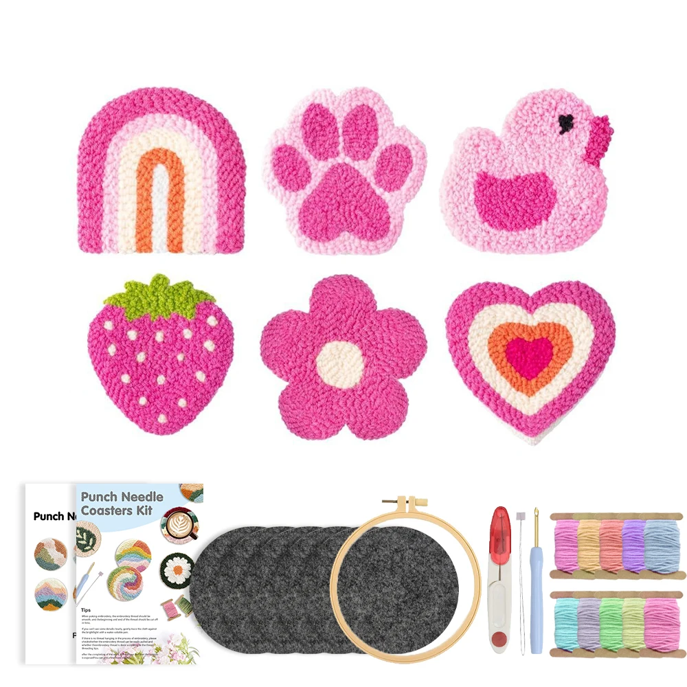 Embroidery Ideas For Bags - RUOPOTY 6個入り パンチニードルコースター ピンクデイジー DIYニードルパンチキット 絵画DIYアイデア