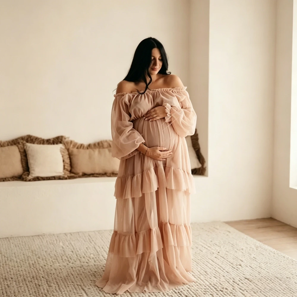 elegante-vestido-de-maternidad-con-hombros-descubiertos-para-fotografia-vestido-sexy-con-volantes-en-capas-manga-farol-accesorios-para-sesion-de-fotos