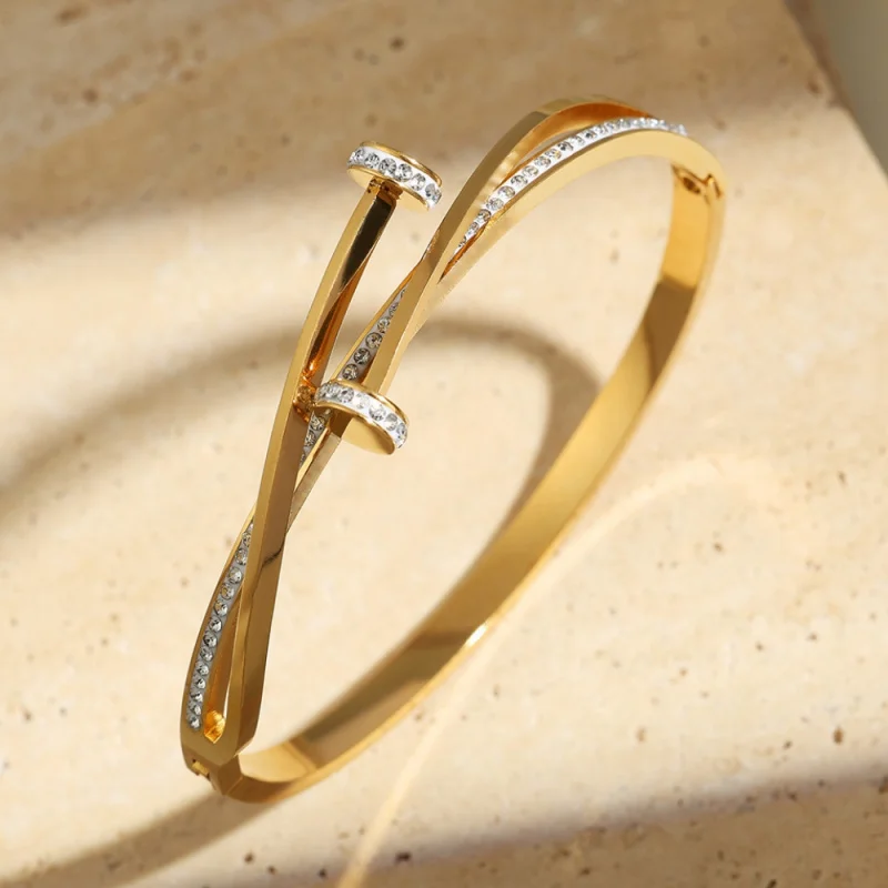 New Fashionable And Exquisite Cross-Nail Shape Full-Studded Zircon Stainless Steel Open Bracelet For Women\'S Jewelry Accessories