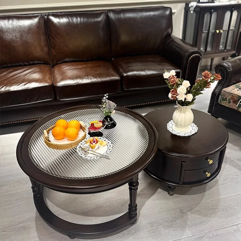 

French retro round solid wood coffee table TV cabinet combination living room household American small apartment