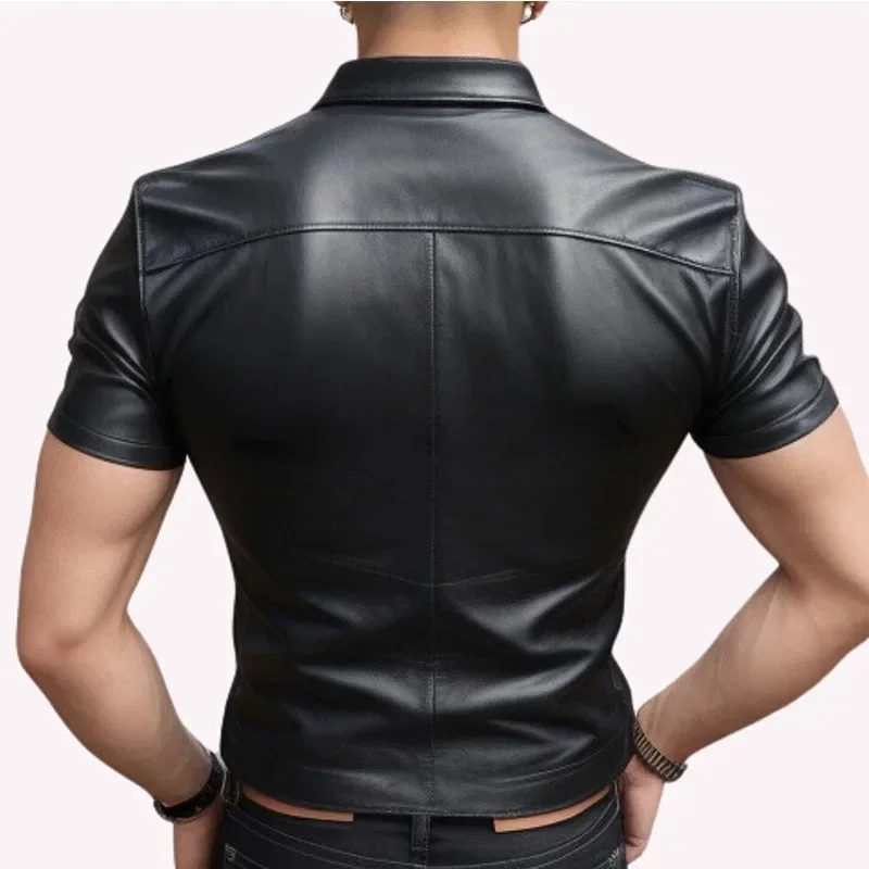 Stretch Black Matter Leather Shirts Men Short Sleeve Stand Collar Shirt Bodycon PU Business Top Hip Hop Nightclub Party Blouse