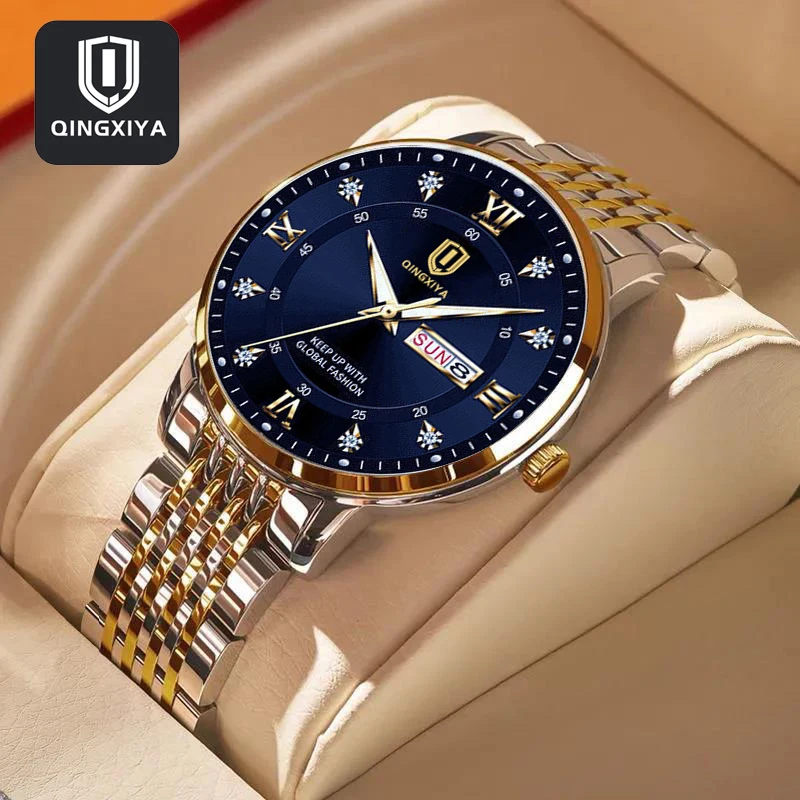 

QINGXIYA Brand Fashion Men Quartz Watch Stainless Steel Waterproof Luminous Week Date Luxury Watches Mens Relogio Masculino