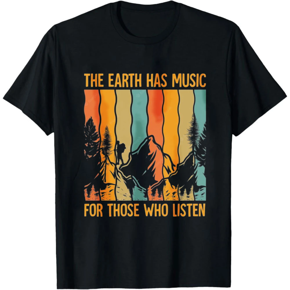 Men Women Retro Nature Graphic Tee The Earth Has Music Mountain Pine Hiker Print Cotton Short Sleeve Camping Vintage Casual Top