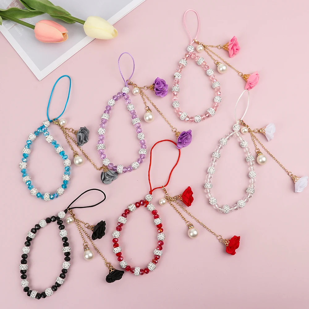 New Fashion Crystal Mobile Phone Hanging Chain Jewelry for Women Pearl Dried Flower Charm Cellphone Case Pendant DIY Accessories