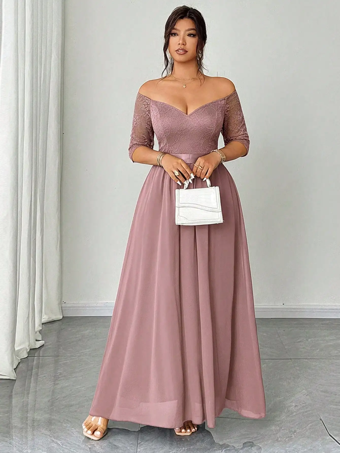 

Elegant Off Shoulder Lace Maxi Dress For Women Plus Size Party Evening Gown