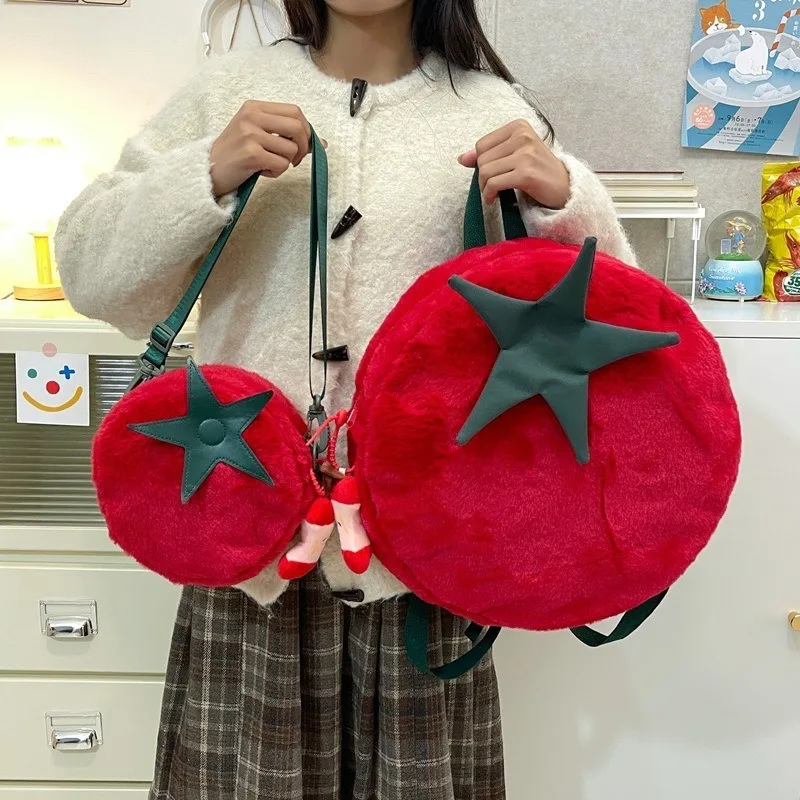 Solid Color Red Tomato Backpack Cartoon Design Backpack High Appearance Large Capacity Plush Cute Student Backpack Shoulder Bag