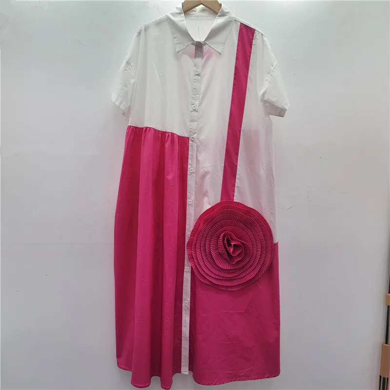 Whth moda feminina emendado 3d enrugado flor camisa vestido 2025 verão lapela mangas curtas vestidos femininos 1ls2027