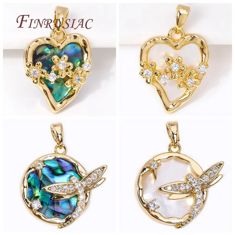 

18K Gold Plated Abalone Shell Pattern Round/Heart Charms Dragonfly Pendant For Necklace Supplies DIY Jewelry Making Accessories