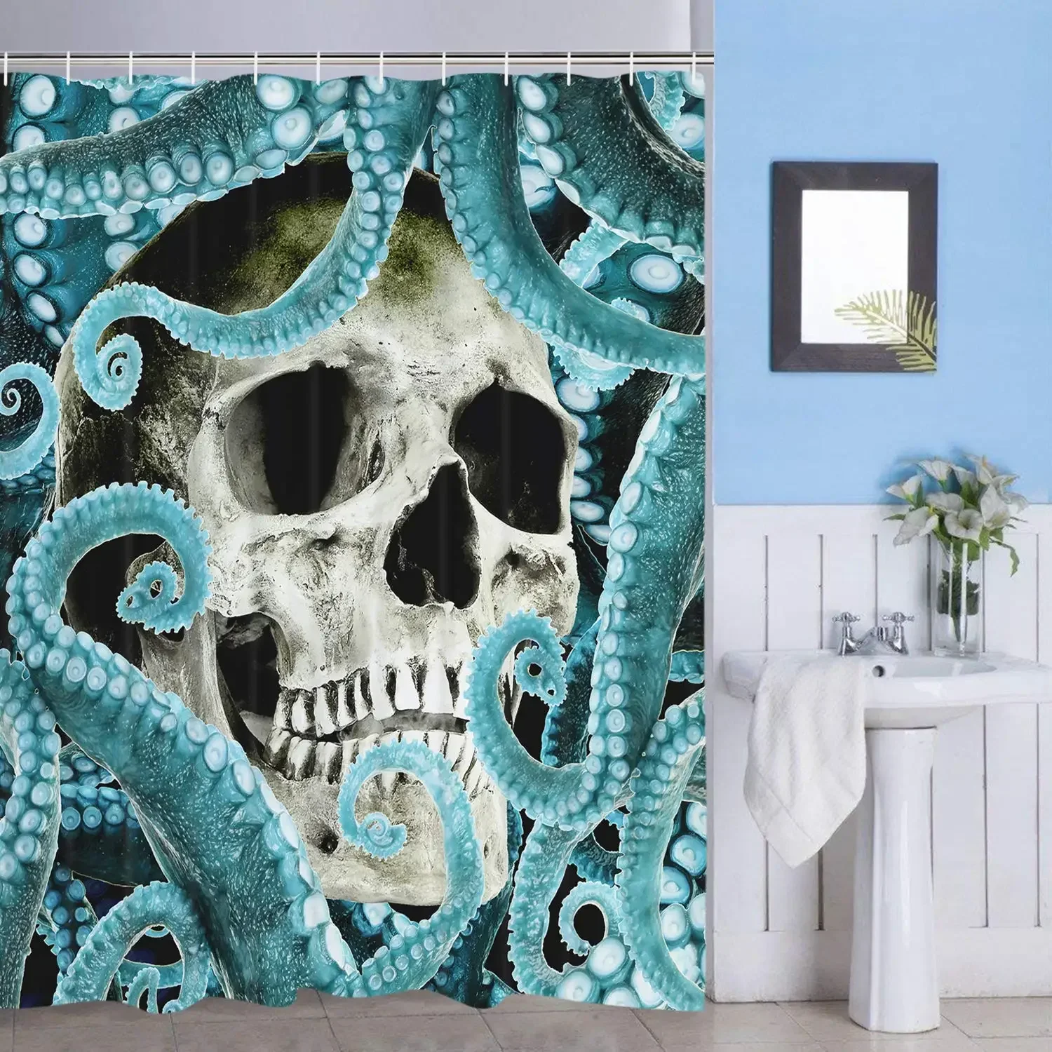 Tentacles and Skeleton Shower Curtain Funny Horror Octopus Bathroom Curtain Durable Turquoise