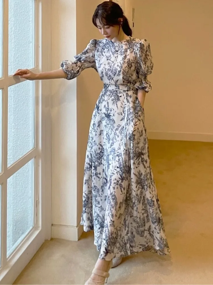 

Sweet Retro Pattern Long Sve Chiffon Dr Waist Cinched Floral Sve Printed Maxi Dr Ele Spring Autumn Dr