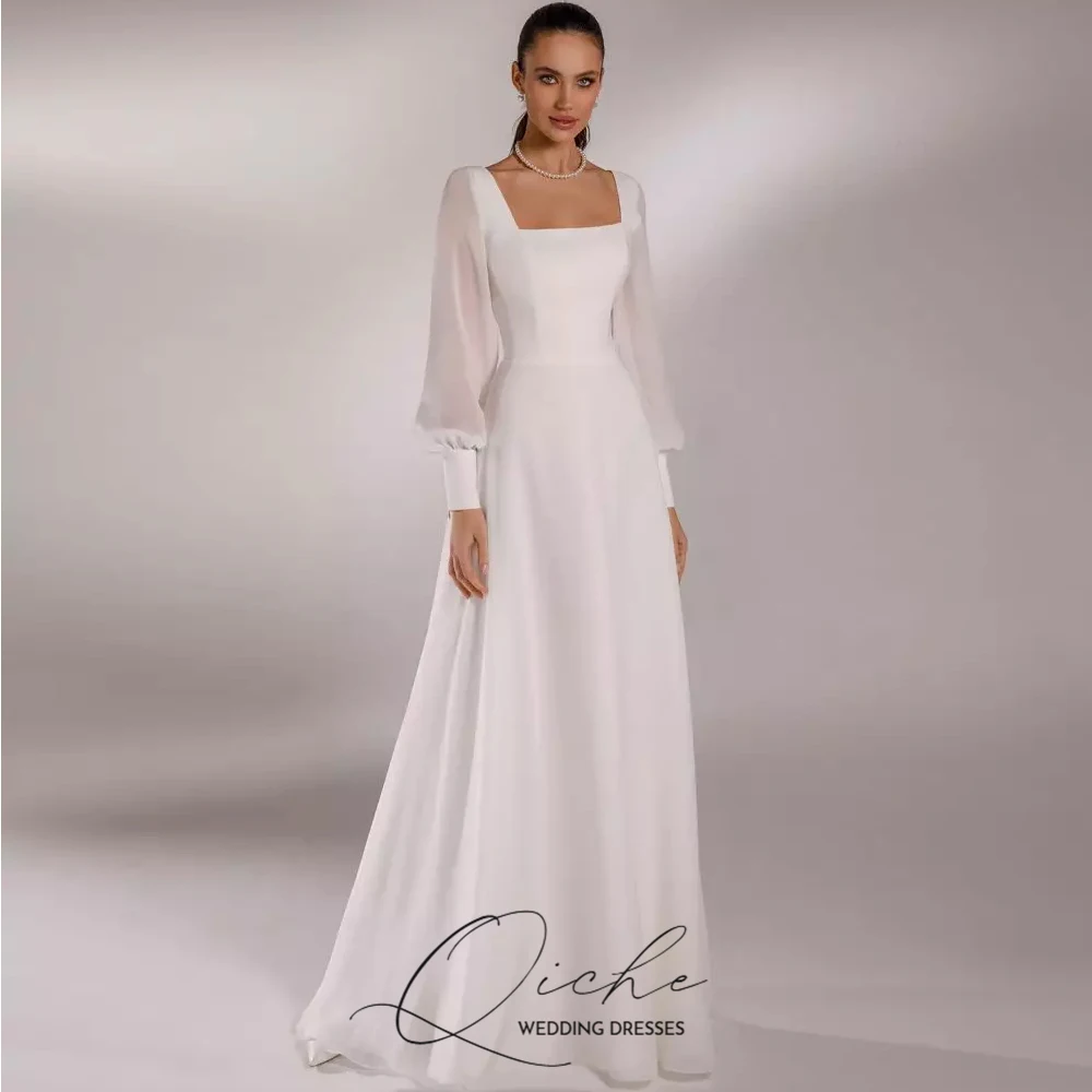 QICHE Trendy Square Collar Long Sleeves A Line Wedding Dresses Women 2026 Customized Simple Elegant Corset Back Bridal Gown