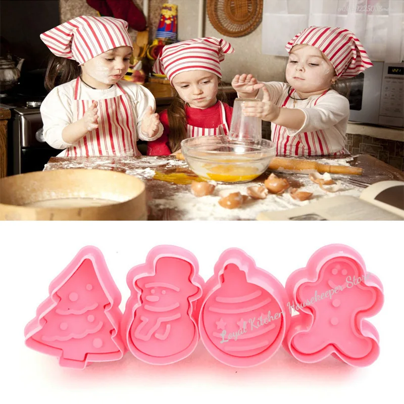 4pcs Christmas Push-type Cookie Cutter Biscuit Xmas Tree Gingerbread Mould Household Kitchen Fondant Cake Decoration Tools