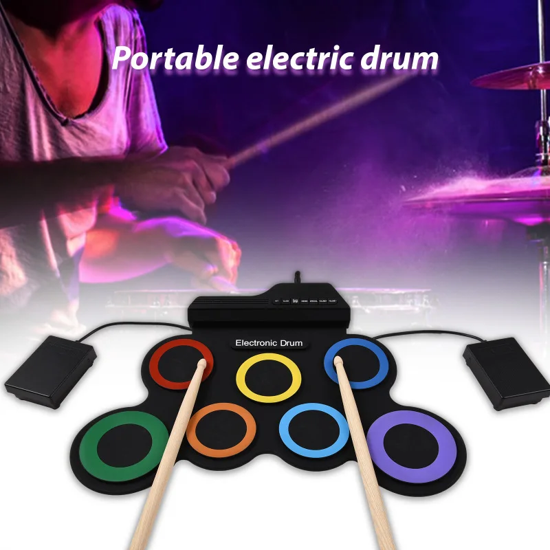 Kit de almohadilla de juego de batería eléctrica portátil, 7 almohadillas con conector para auriculares, pedales, baquetas, instrumentos musicales, Kit de almohadilla de práctica