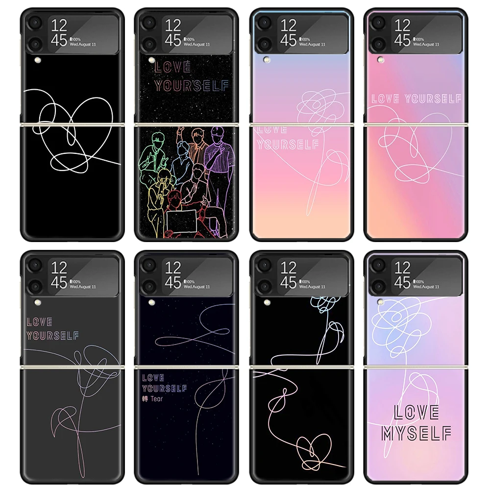 Love Yourself Flower Heart Line Kpop Case For Samsung Galaxy Z Flip 4 5 3 z Flip5 Flip4 5G Hard Phone Cover Flip3 Split Folding