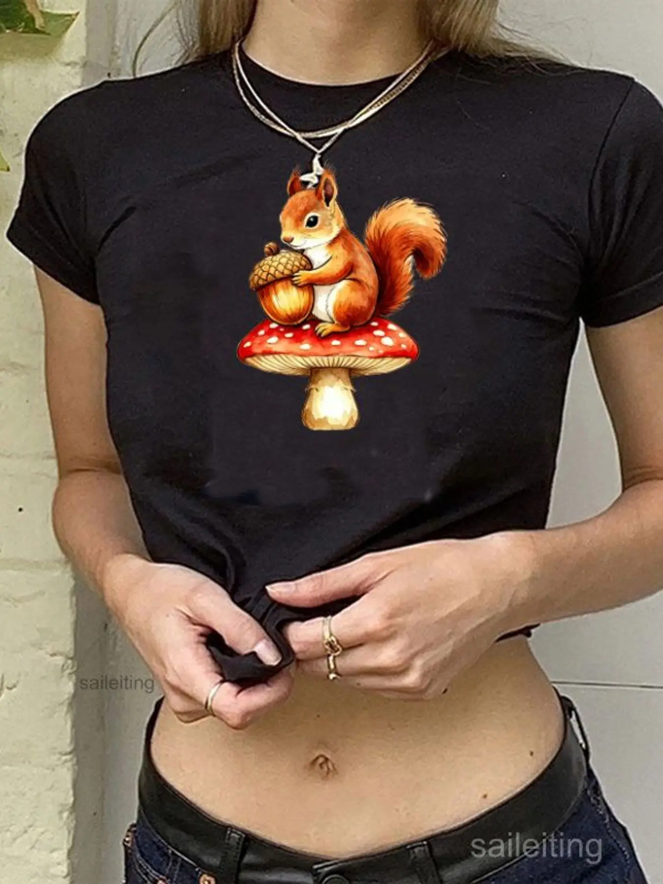 Cute Red Squirrel on Mushroom Crop Top Women Short Sleeve Graphic Tee Fantasy Streetwear Harajuku Style Casual T-Shirt