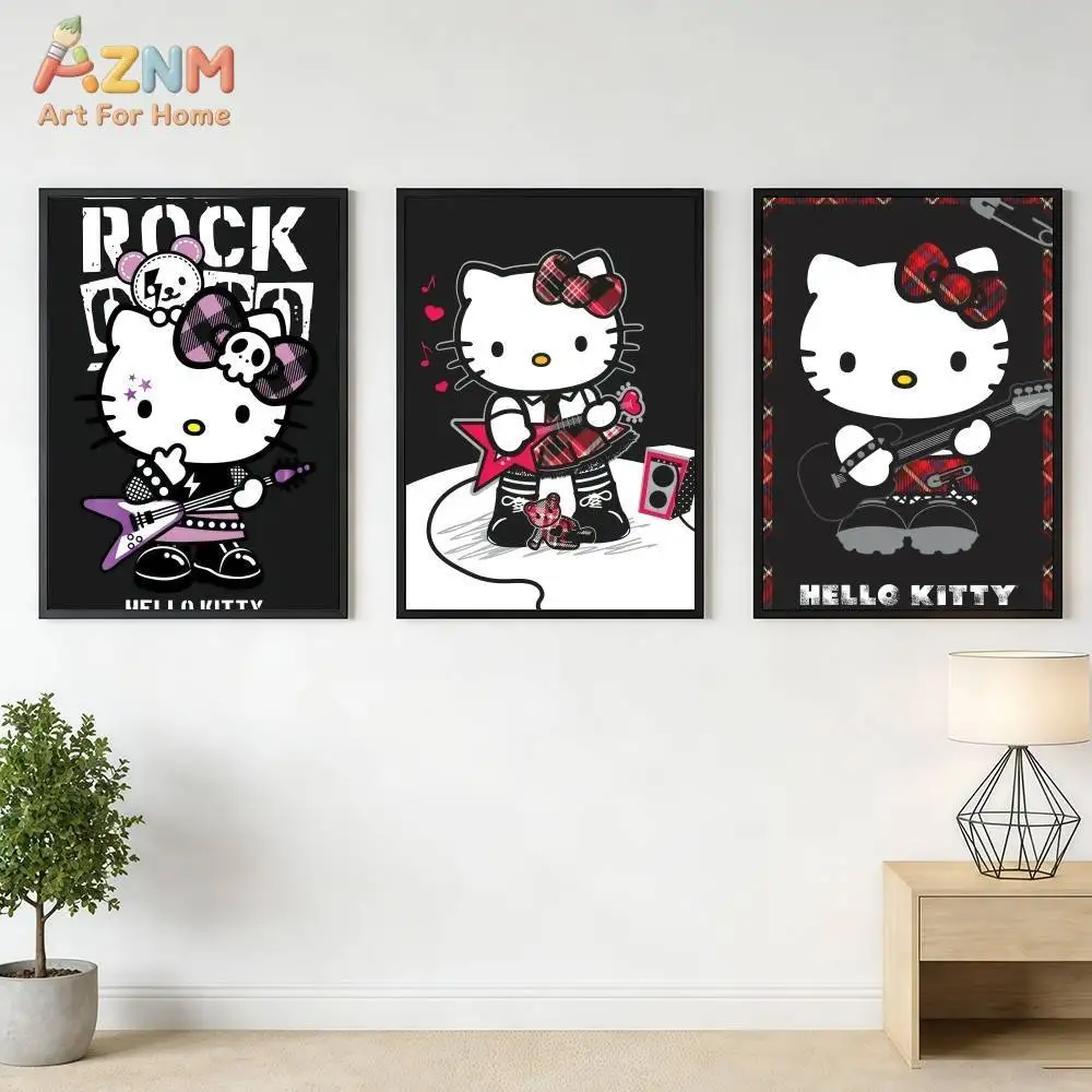 AZNM Hello Kitty Canvas Wall Art, Cute Sanrio Rock Guitar Punk