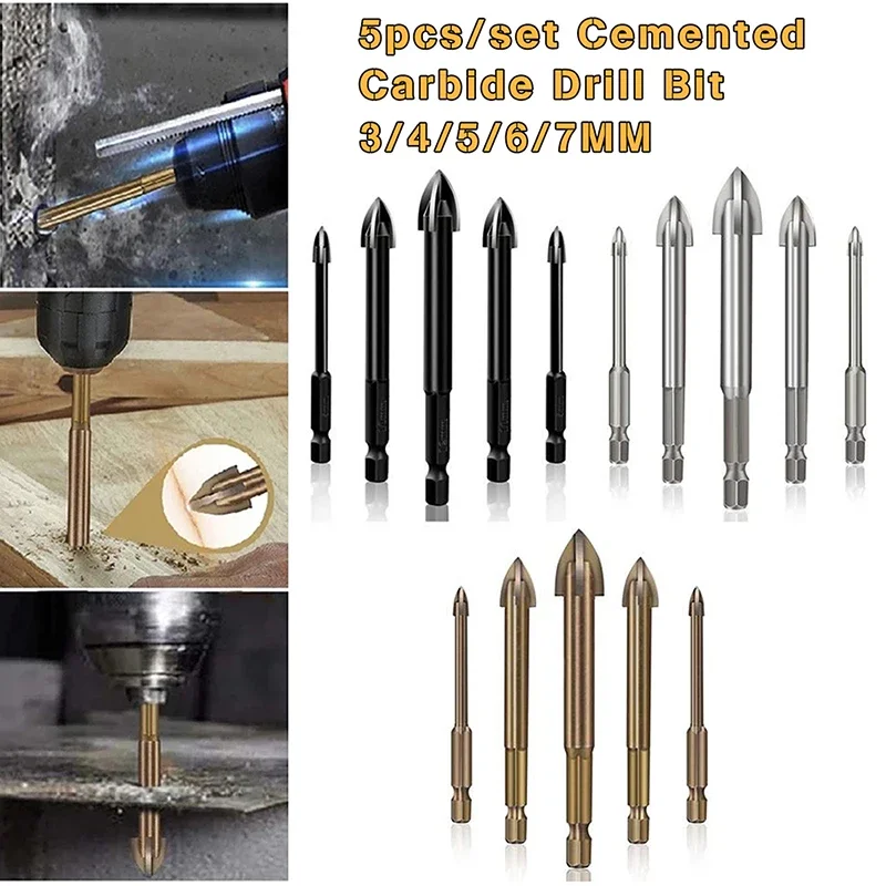 5 sztuk wiertła do szkła 3 // 5/6/7mm metalowe płytka ceramiczna szkło marmurowe wiertło do betonu bity uchwyt sześciokątny wiercenia płaskich otworów — zdjęcie 4