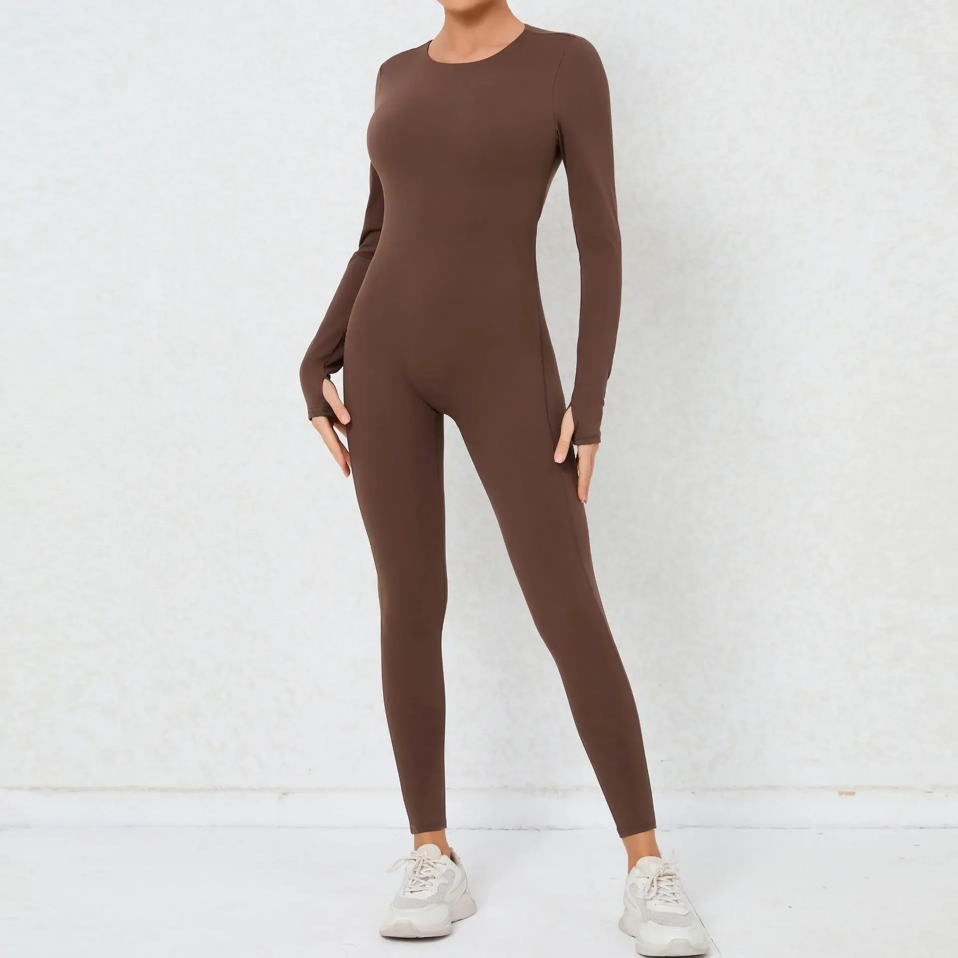 Mono deportivo de cuerpo entero sin espalda de manga larga con relleno para mujer, traje de gimnasio de 1 pieza, conjunto de Yoga, monos de Fitness de café negro, monos