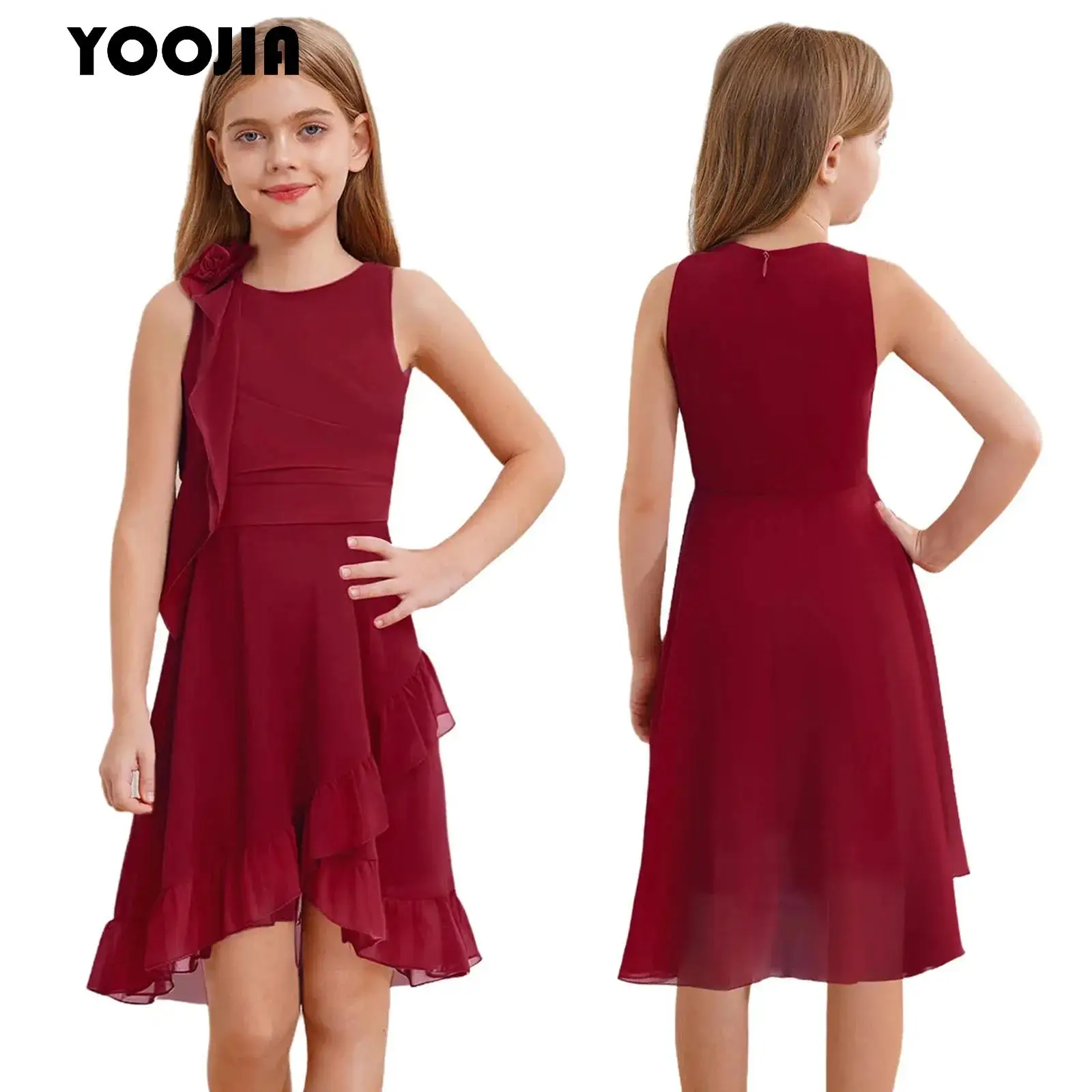 Chiffon Summer Flower Girl Dress Ruffled Junior Bridesmaid Wedding Party Dress Sleeveless Thigh Length Ruched Pageant Gown