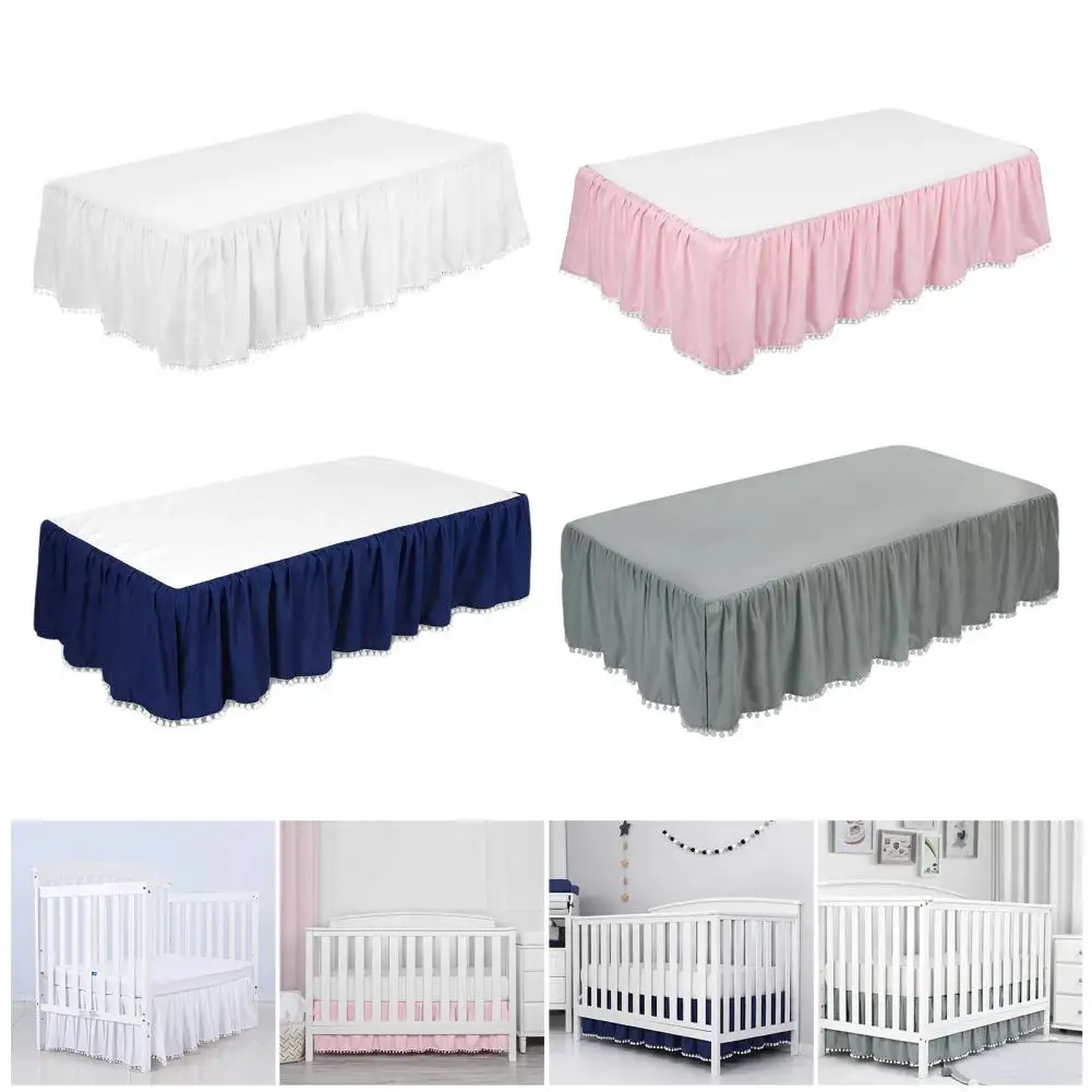 Baby Bed Cover Plush Ball Crib Skirt Mini Crib Skirt with Pompoms for Baby Boys Girls Adjustable Elastic Bedding Toddler Bedding