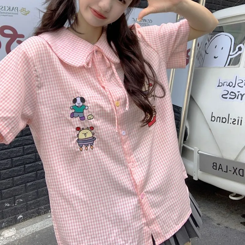 Japanese Sweet Lolita Checkered Doll Neck Women\'s Fashion 2024 Summer New Spliced Button Embroidery Short Sleeve Blouses Shirts