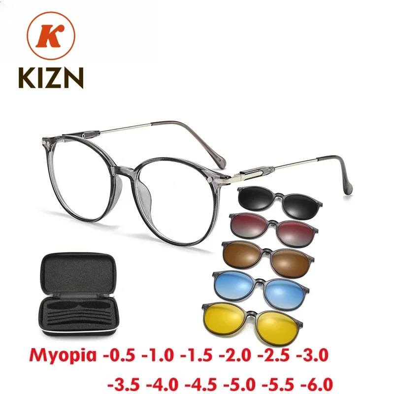

Очки KIZN: прозрачные серые круглые очки для женщин с магнитным креплением, оптическая оправа для коррекции зрения, индивидуальная рецептурная оптика от -0.50 до -10