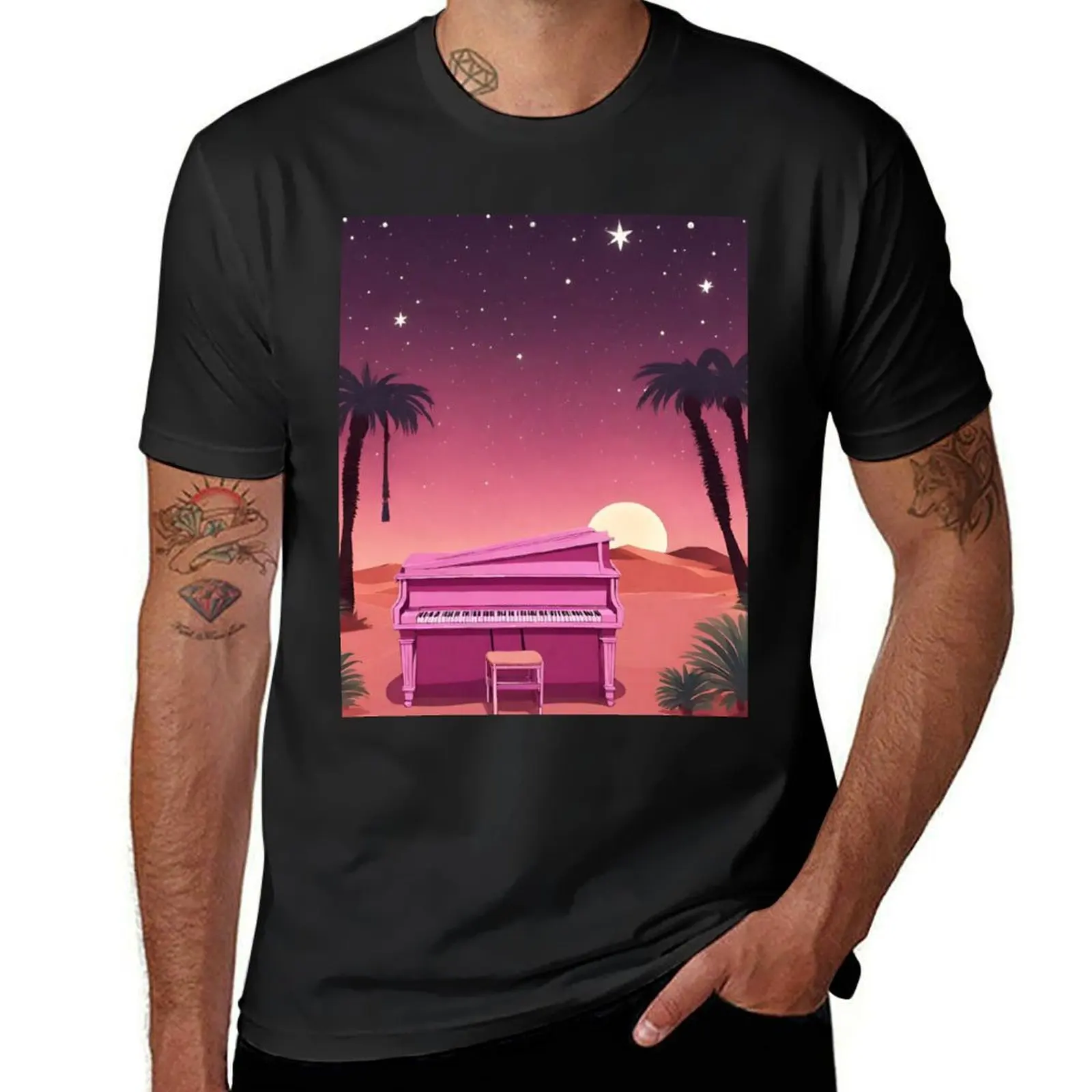 Piano in the Egyptian desert with Pyramids, jungles, lanterns, ancient Rome T-Shirt anime figures new edition Men's clothing