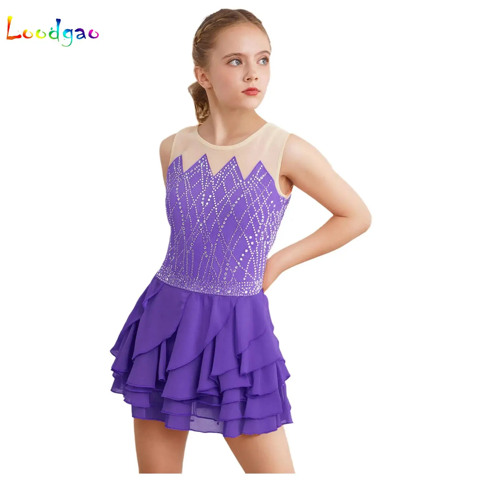 

Figure Ice Skating Dress for Girls Ballet Gymnastics Leotard Rhinestone Mesh Tiered Ruffled Skater Dance Competition Costume