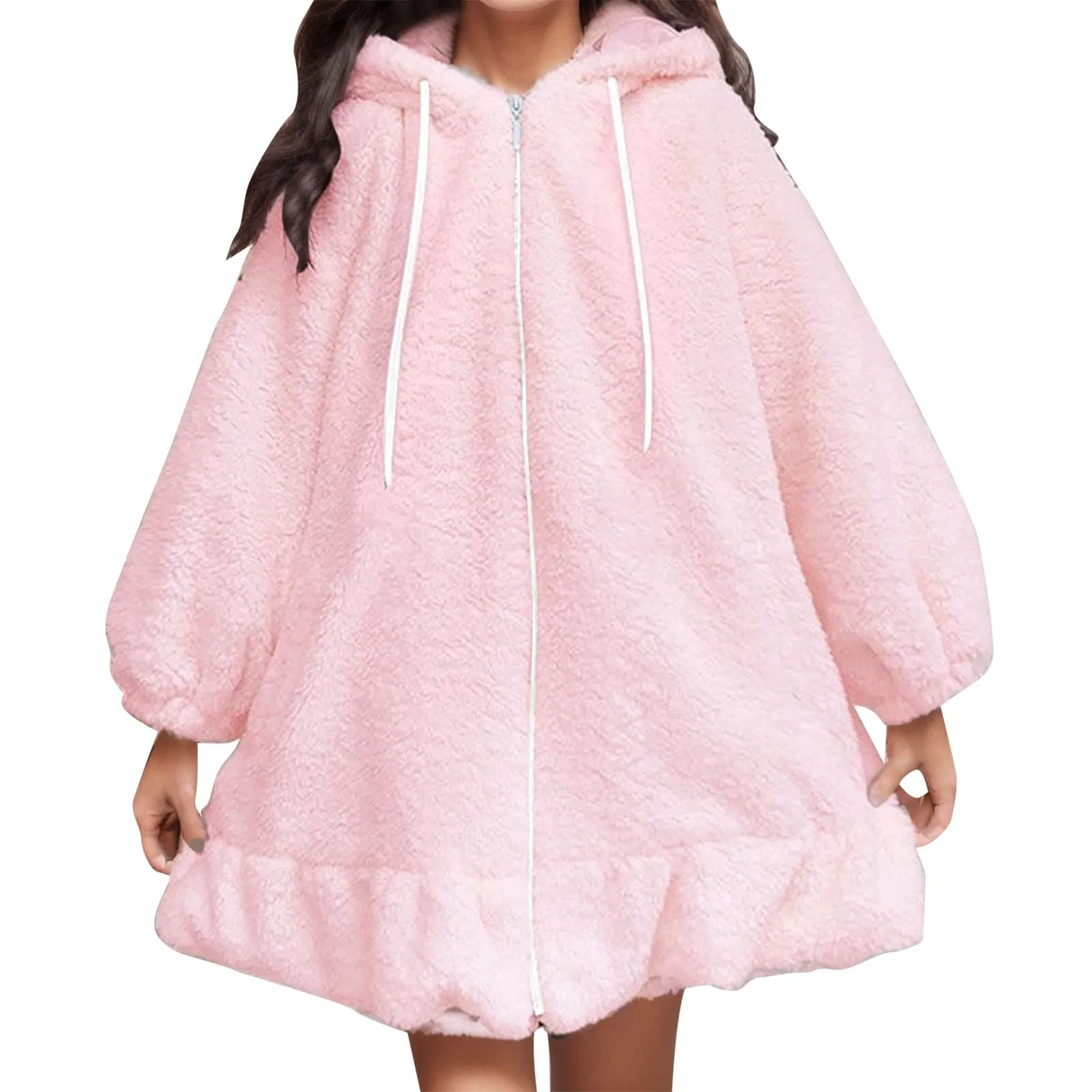 Women\'s Fluffy Bunny Hoodie Casual Fashion Solid Color Kawaii Coat Loose Long Sleeves Hoodie Crop Coat Cute Warm Hoodies Winter