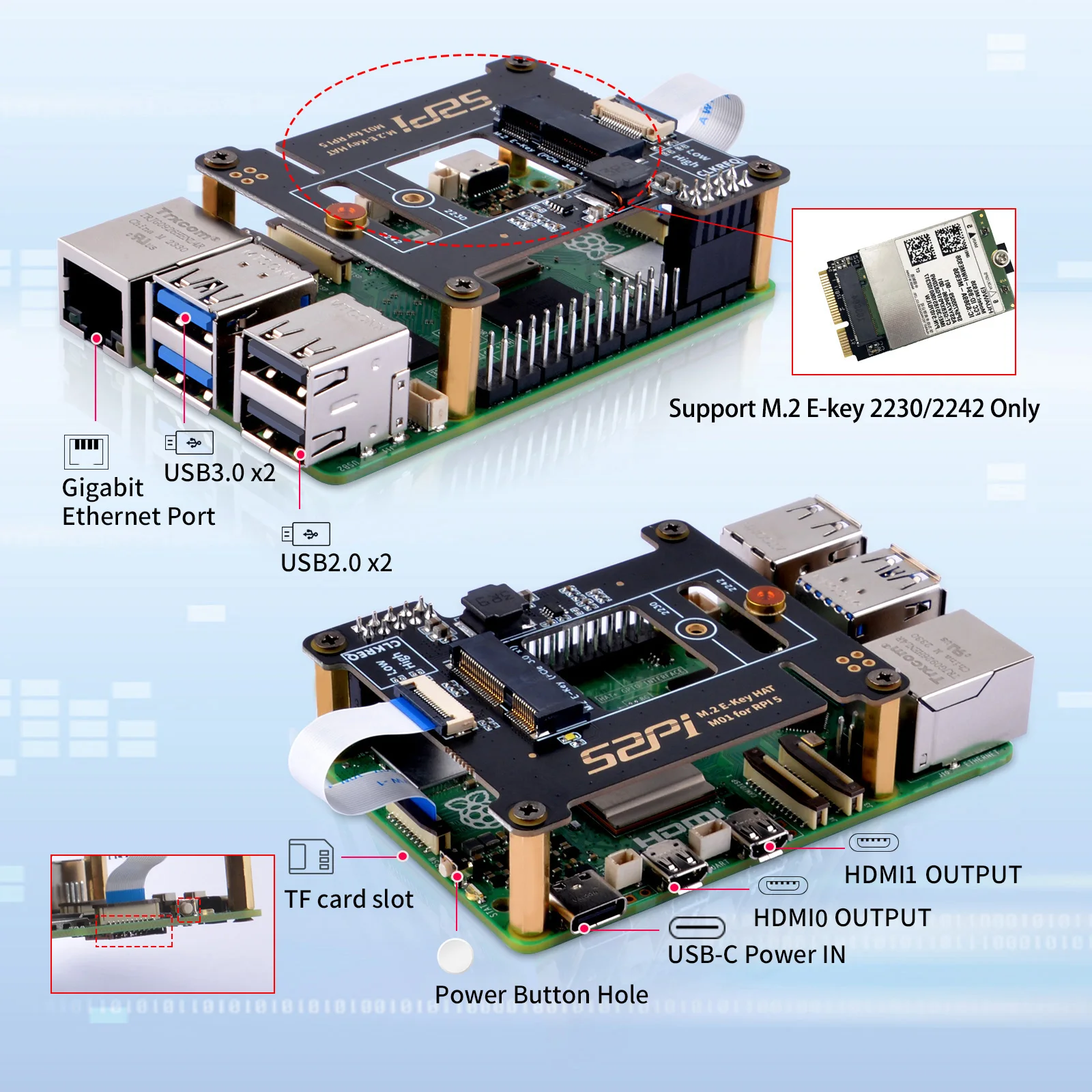 52Pi Raspberry Pi 5 M01 M.2 2242 E-klucz cylinder 2230/2242 gniazdo rozszerzeń dla Raspberry Pi 5