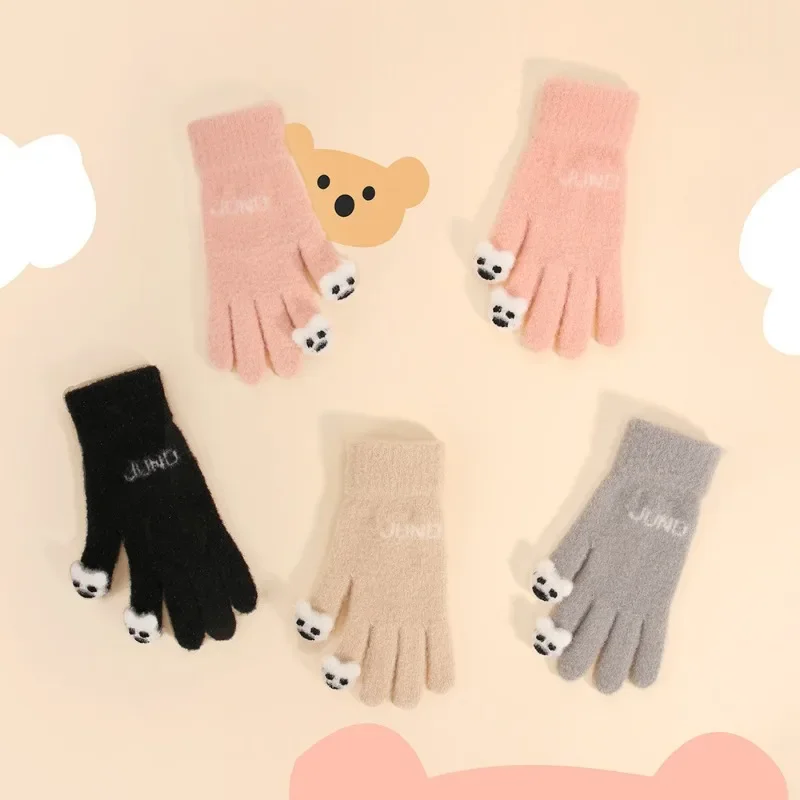 Плюшевые вязаные перчатки, теплые и морозостойкие шерстяные перчатки, женские милые перчатки с сенсорным экраном в виде панды, теплые уличные перчатки
