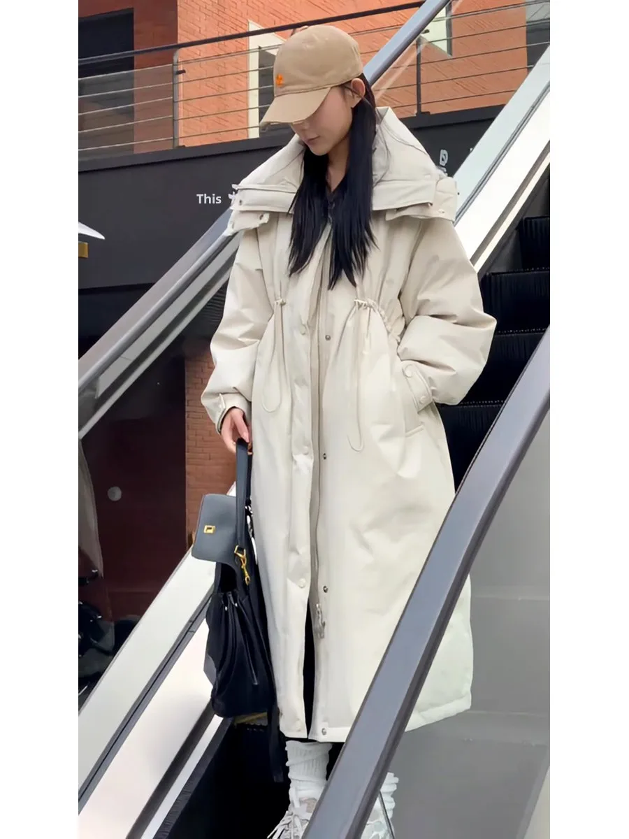 

Warmth Oversize Hooded Mid-Length Women's down Jacket Coat Korean Style Commute Fashion White Duck Feather Thickened Zipper