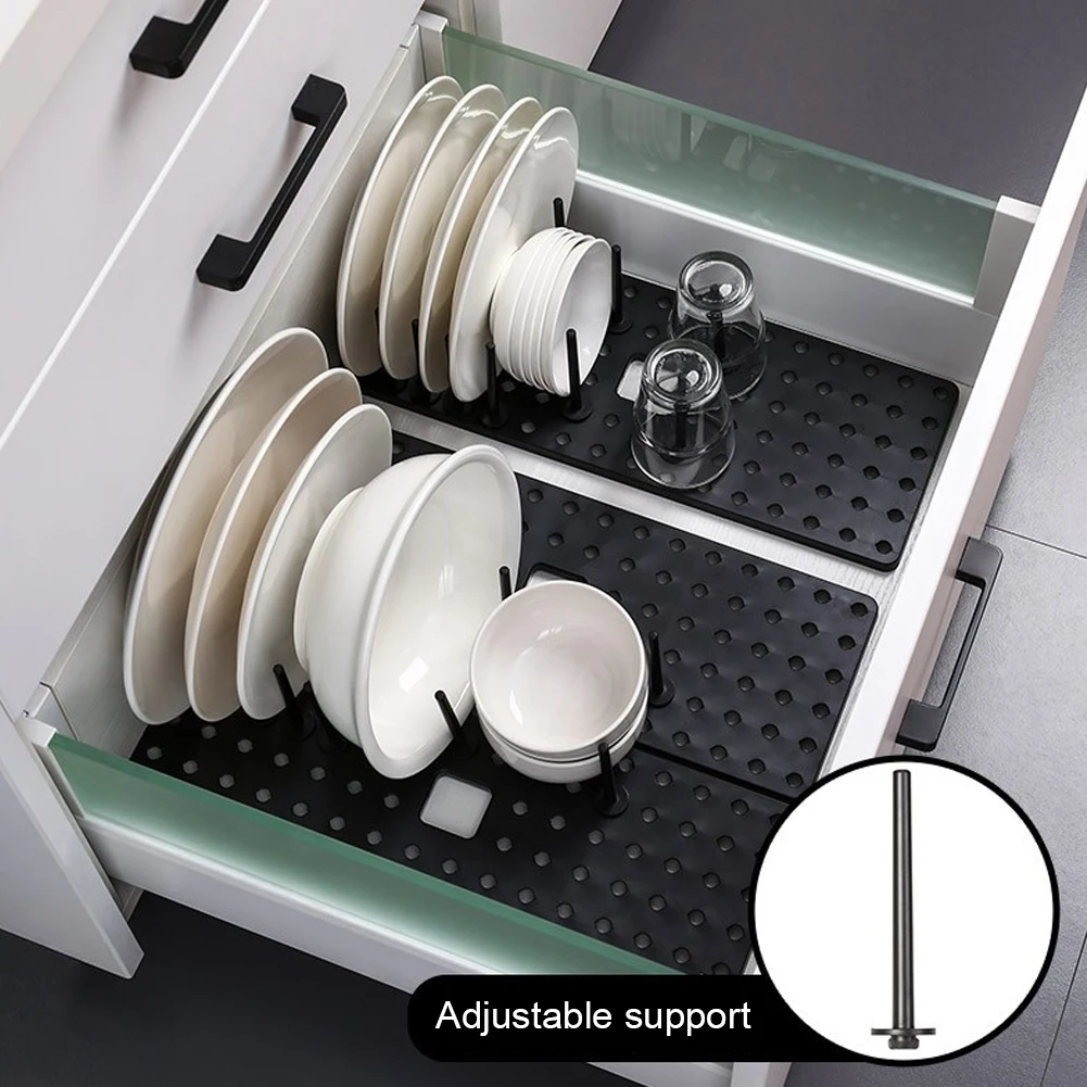 Kitchen Cupboard Non Slip Drawer Dish Shelf Organizer Tray Retractable Divider Home Stable With Drain Holes Adjustable Pillar