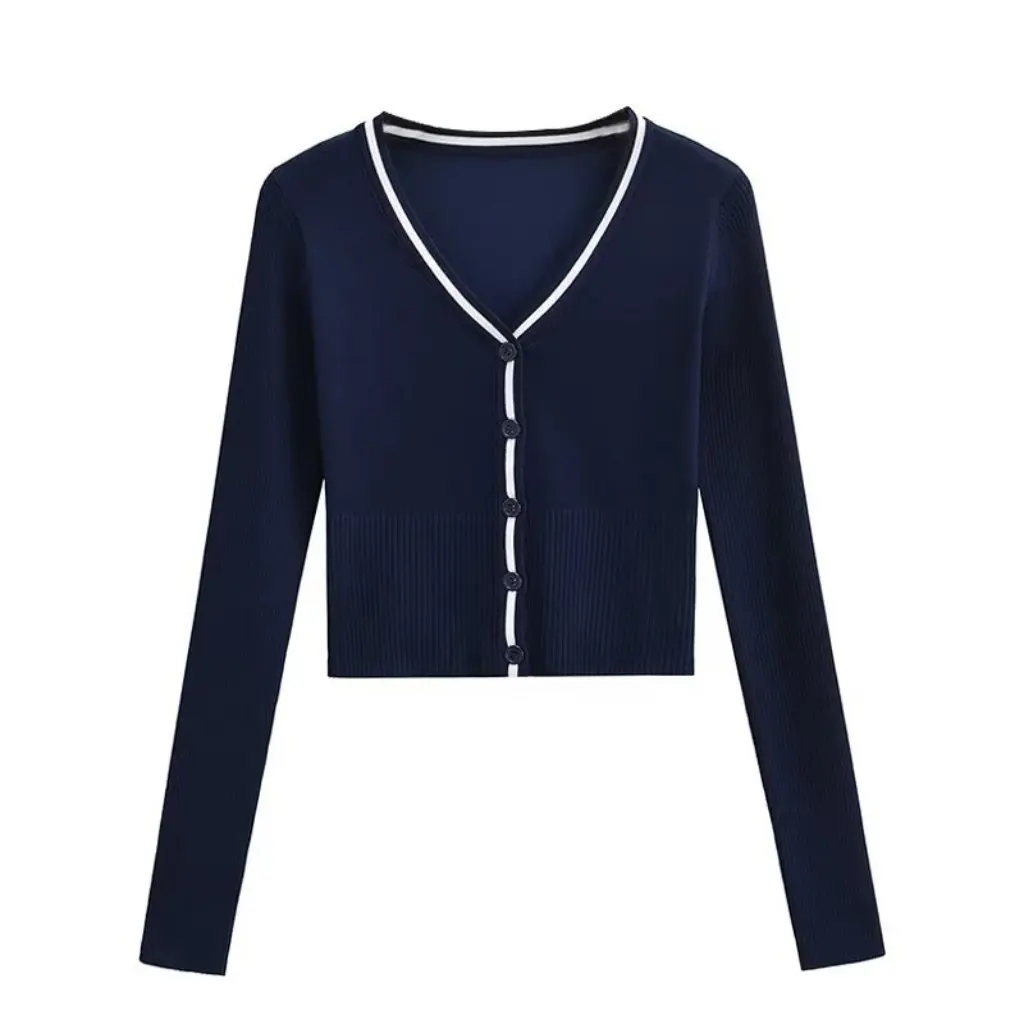 

Women's Retro V-neck Sweater Color Matching Slimming Top High Waist Short Breasted American Style Spring Fashion