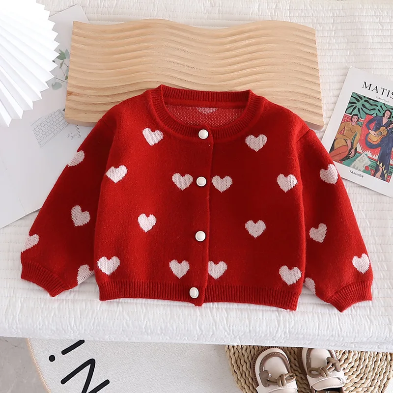 Girls Lovely Heart Print Sweaters Spring Coat Kids Baby Pattern Clothing Trend Clothes Casual Outfits Knit Girls Sweater HY03091