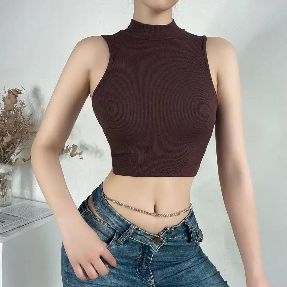 Korean Fashion Y2K T-shirt Woman Japanese Summer Turtleneck Sleeveless Tee Shirt Woman Sexy Skinny Solid Crpped Tanks Top Kpop