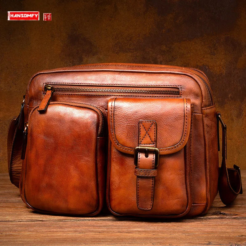 Luxury 2026 Retro Vegetable Tanning Leather Men's Bag Shoulder Messenger Bag Casual Sports Horizontal Crossbody Bags