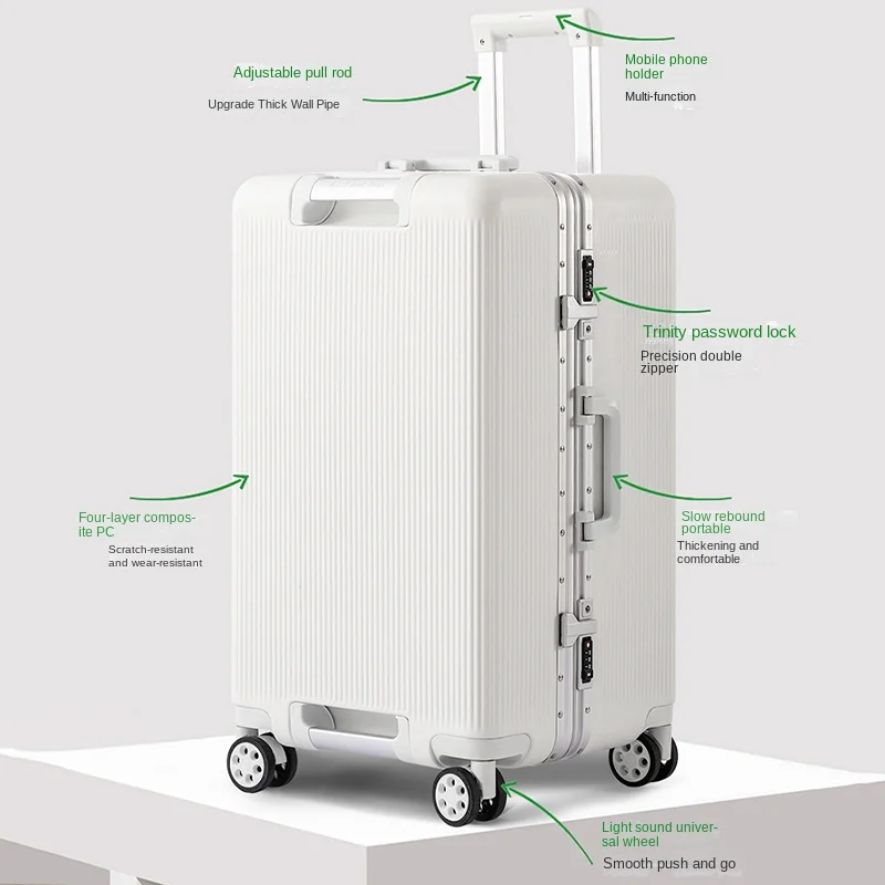 الألومنيوم الإطار حقيبة 26 بوصة سعة كبيرة السفر الأمتعة 20 بوصة المقصورة حقيبة تروللي بعجلات للجنسين قفل مجمع حقيبة