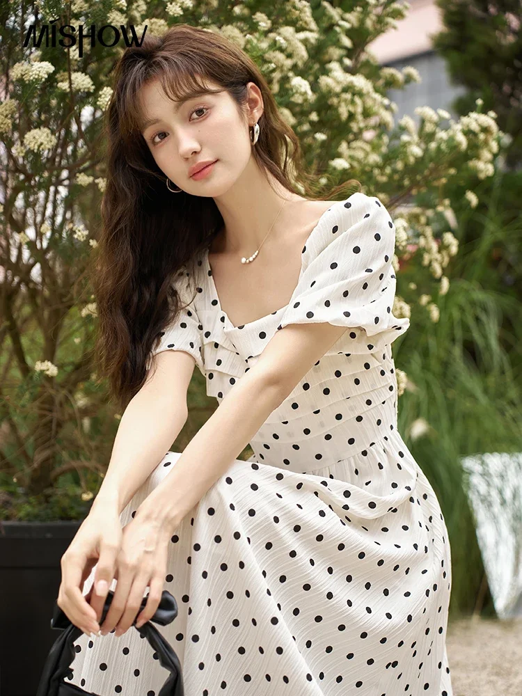 MISHOW Square Neck Dot Dress for Wome Summer 2023 French Elegant A-LINE Retro Puff Sleeve Female Party Midi Dresses MXC38L1401