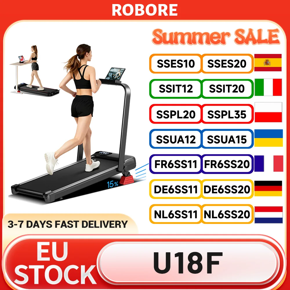 Tapis roulant ROBORE U18F avec inclinaison de 15 %, vitesse maximale de 10,5 km/h, moteur de 2,5 CV, 3 niveaux d'inclinaison, capacité de 136 kg, écran LED, faible niveau sonore