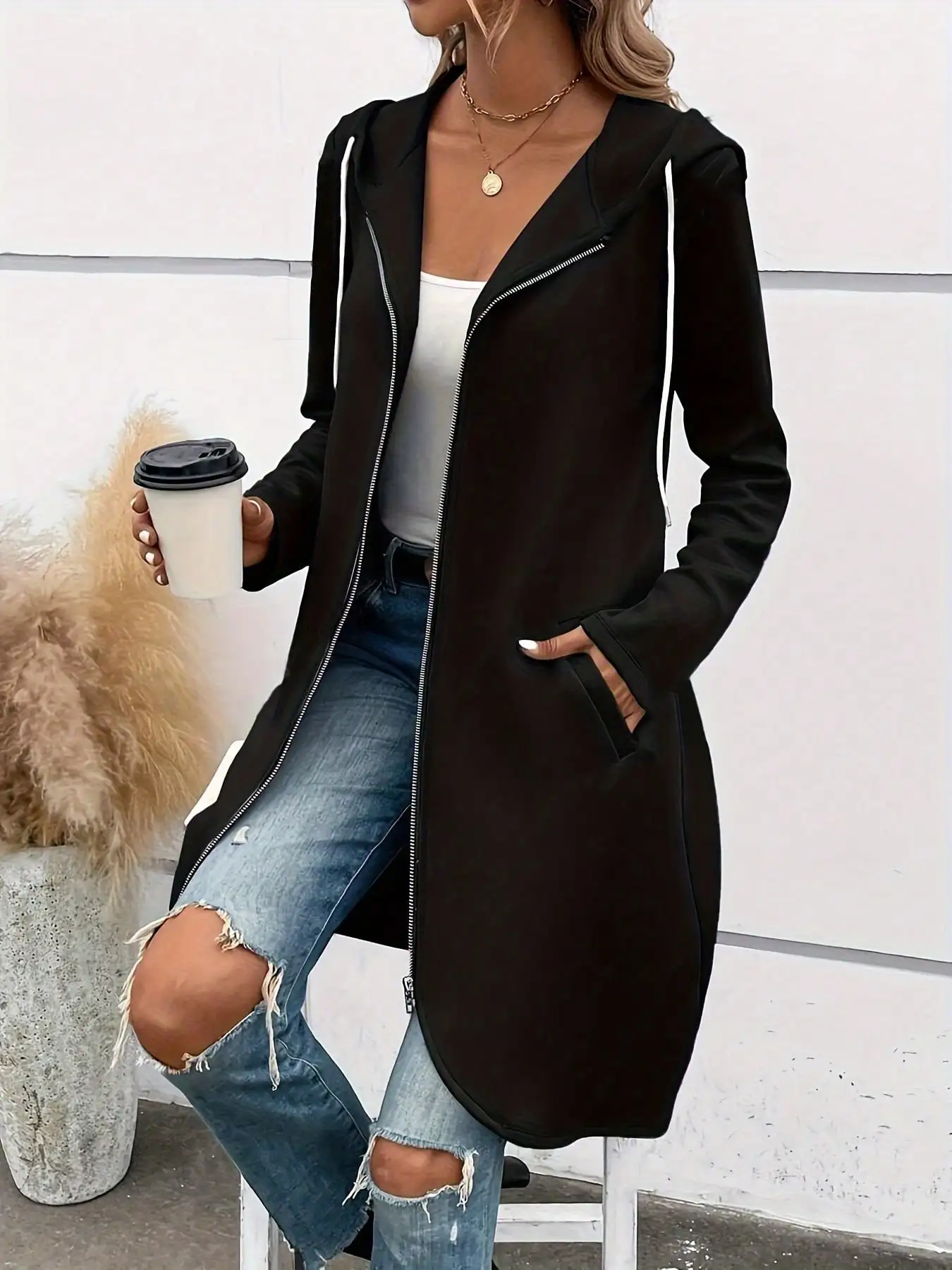 

Women's Black Zip-Up Hooded Midi Jacket with Pockets, Casual Long Sleeve Coat for Spring Fall Daily Wear