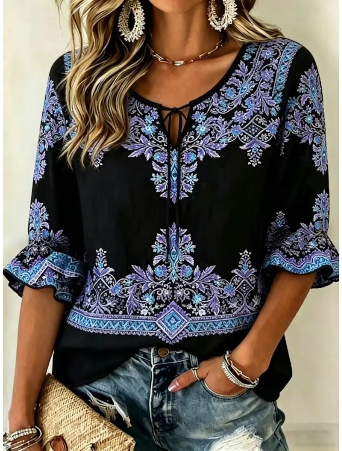 Image of Damen-Bluse mit schwarzem, violettem Blumenmuster und Bindekragen, lässige, lockere Oberteile für den täglichen Gebrauch im Frühling und Sommer sowie für Urlaubsanlässe