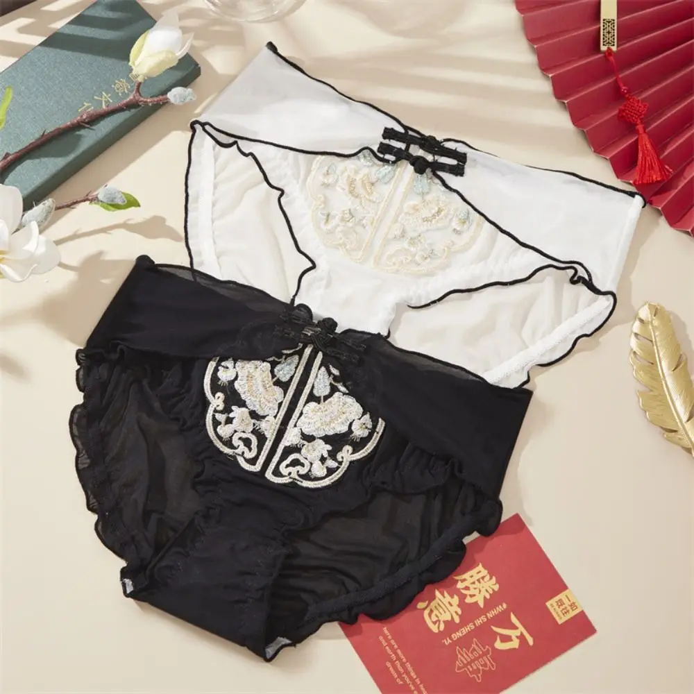 Thin Belt Retro Embroidered Underpants Transparent Cotton Crotch Mesh Mid Waisted Briefs Female Lingerie Seamless