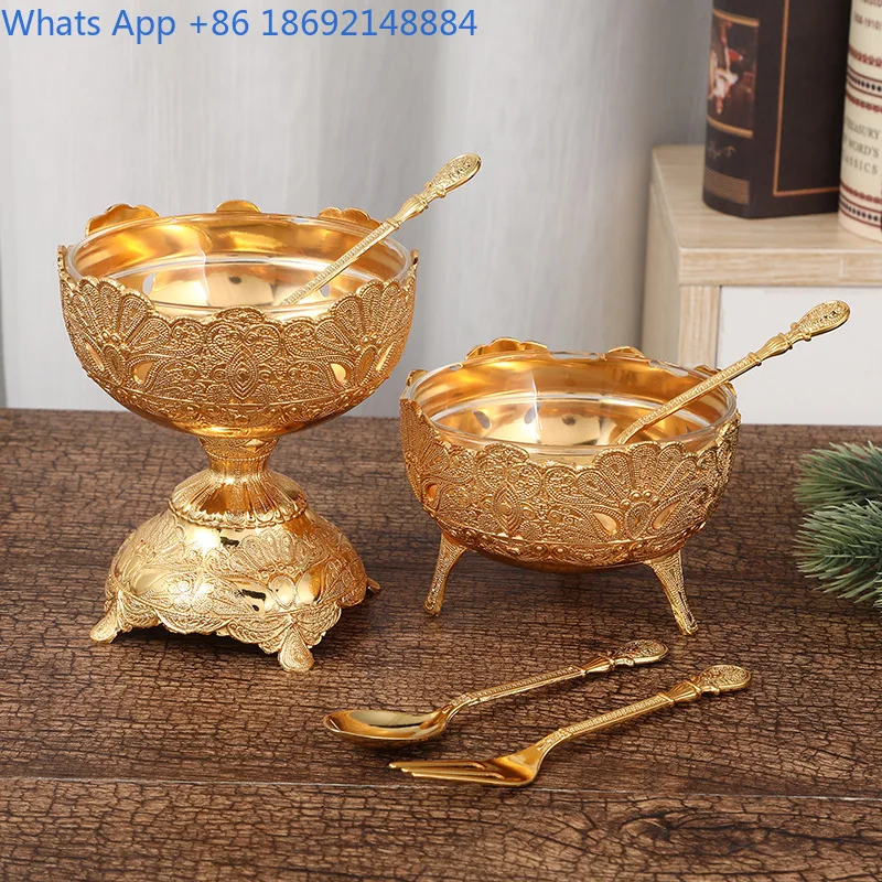 Fashion European Style Printed Metal Multi-Leg Ice Cream Bowl with Knife and Fork Glass Inner Salad Bowl