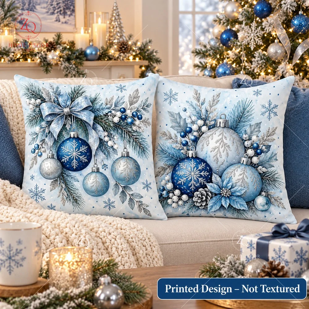 Christmas Blue Bauble Pillow Cover 45x45cm Flat Printed Peach Skin Velvet Xmas Cushion Case Living Room Sofa Decor