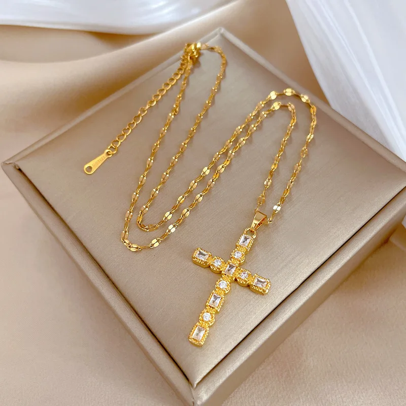 DIEYURO 316L Stainless Steel Cross Full Zircon Pendant Necklace For Women New Luxury Quality Girls Clavicle Chain Jewelry Gifts
