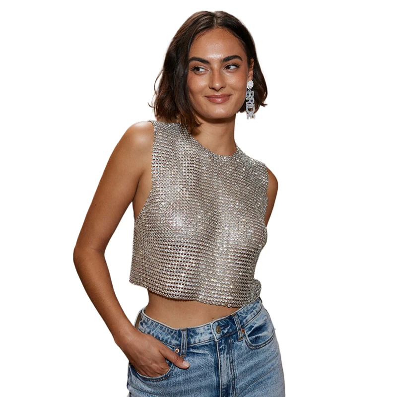 Street Style 2025, Sommer, glänzendes Strass-Crop-Top für Damen, Metall, ärmellos, modische Tank-Tops, Cruz сoji, Luxus-Frauenkleidung – Detail 1